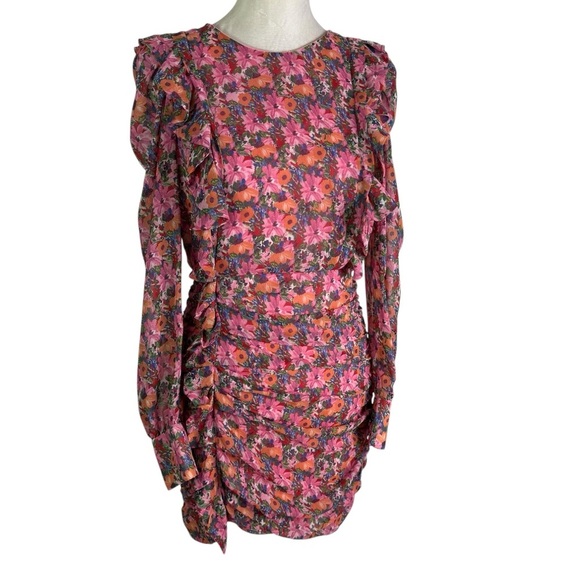 Zara Floral Ruched Ruffle Mini Dress Size S - Picture 6 of 16